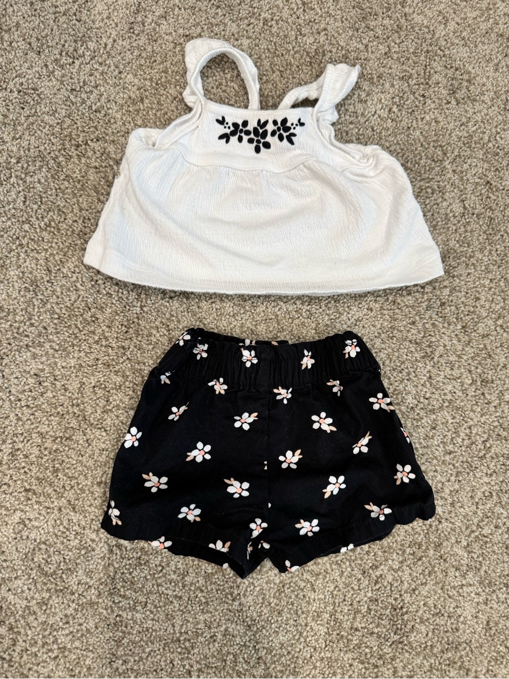 Carter's Black Floral Shorts with White Embroidered Tank